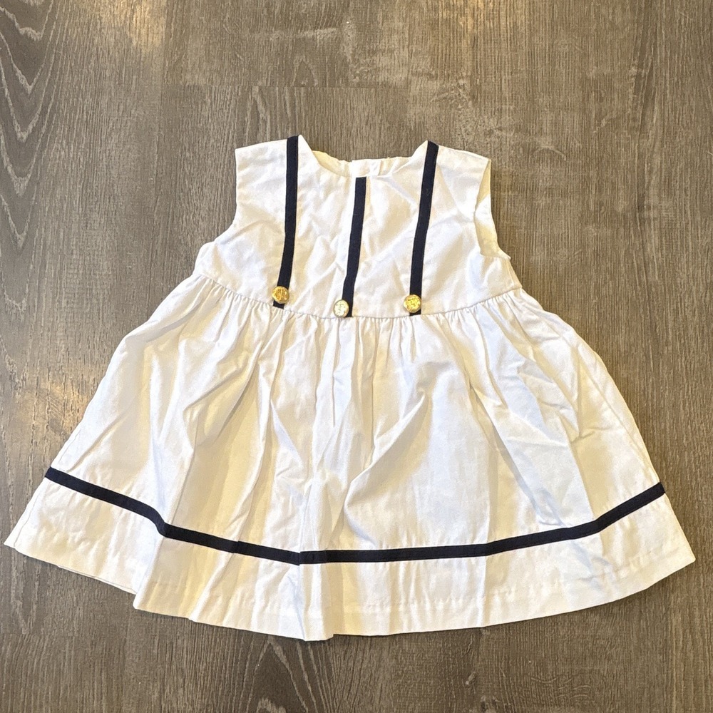 VINTAGE Girls 24 Months White/Navy Nautical Anchor Button Sleeveless Dress